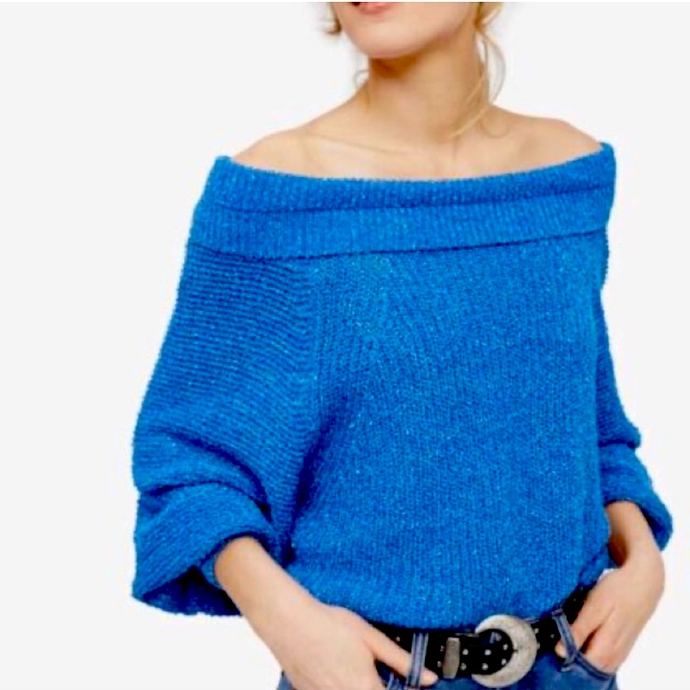 Free People Teal Blue Off The Shoulder Sweater